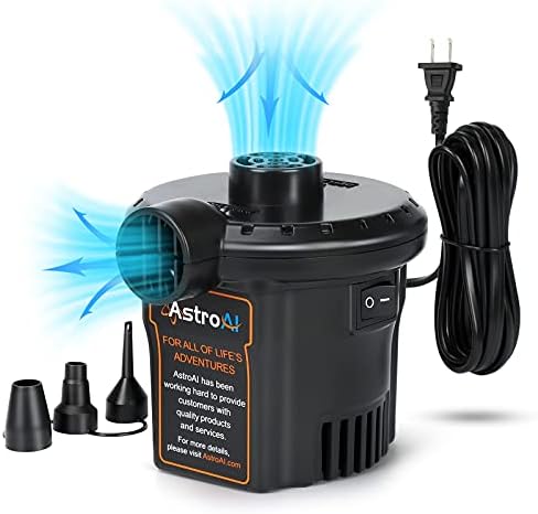 AstroAI Elektromos Pumpa a Felfújható gumimatrac Hordozható Inflator Deflátor Szivattyúk 3 Fúvókák Felfújható Párnák Levegő Ágy Medence Úszik