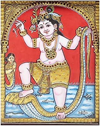 Egzotikus India 11 x 13 Lord Krishna Táncol a Kígyó Kaliya Tanjore Festmény | Hagyományos Színek, 24 karátos Arany