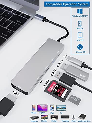 USB-C-Hub,Sivxnem USB-C-HDMI Adapter (4K HDMI USB3.0/2.0 SD/TF Kártya Olvasó 90W PD USB-C Dongle),Dokkolóegység Kompatibilis