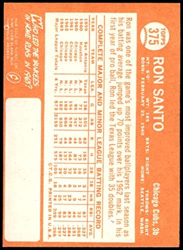 1964 Topps 375 Ron Santo Chicago Cubs (Baseball Kártya) VG/EX Cubs